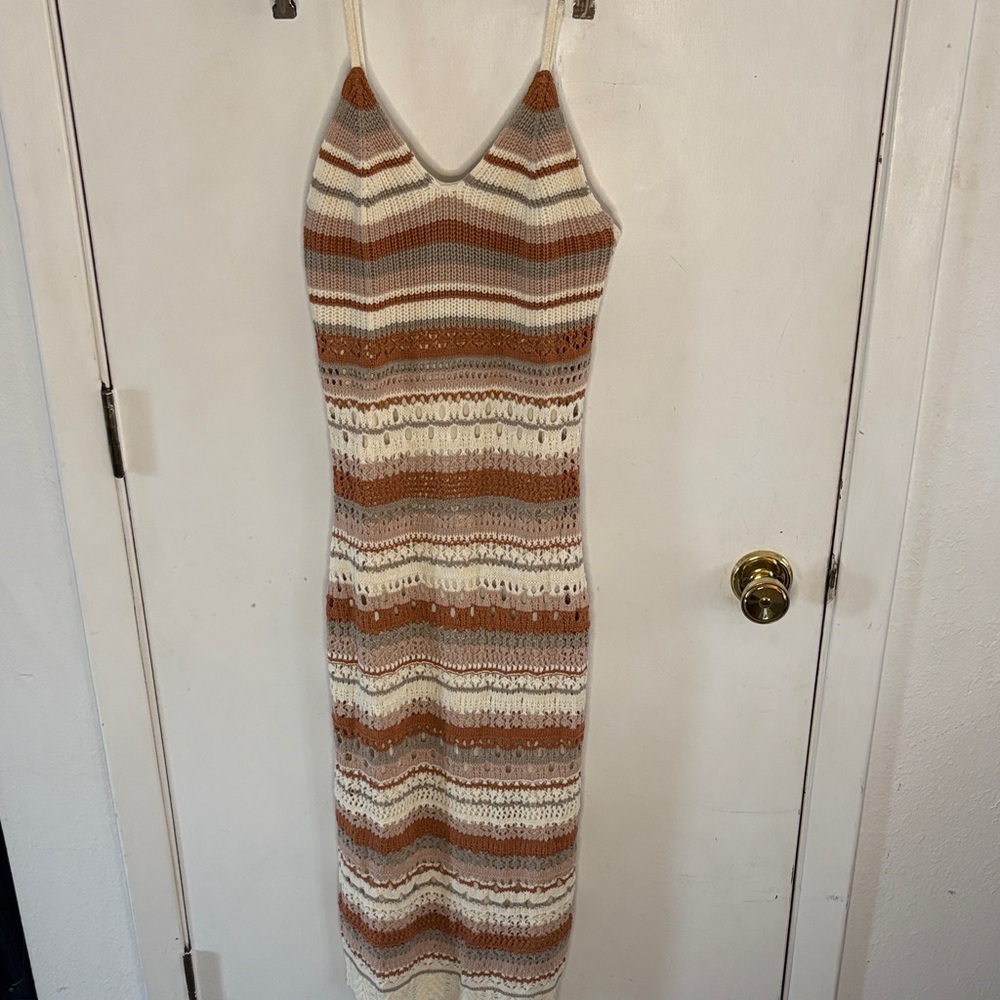 Freshman 1996 cream brown grey crocheted bodycon slip maxi dress Size Small